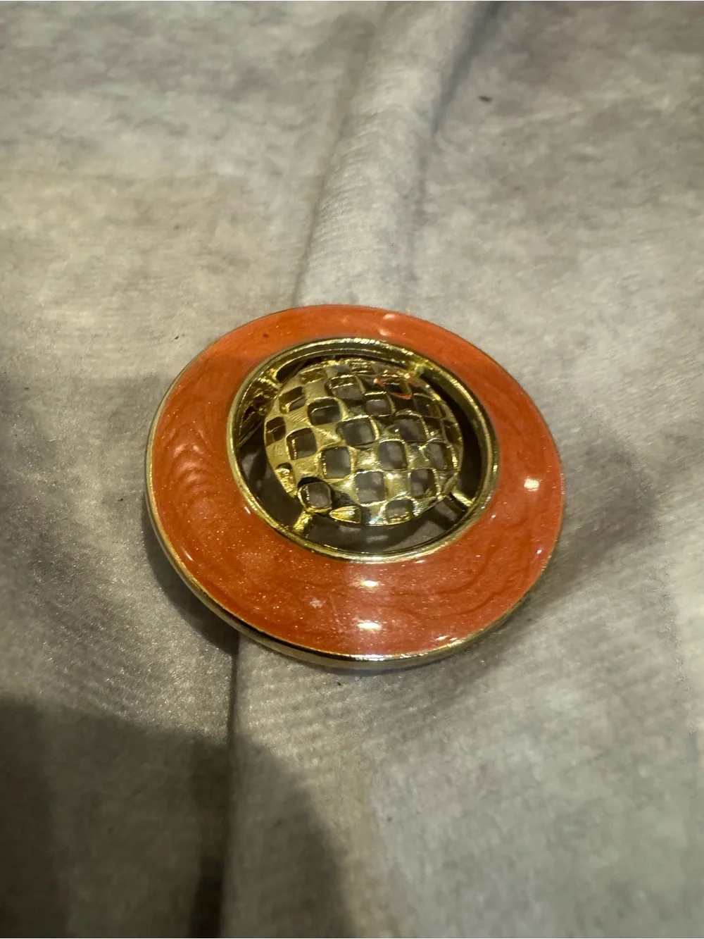 Ernst Bek vintage Lattice Dome Button Accent Burnt Orange Enamel brooch pendant
